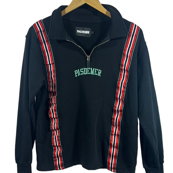 Red and Black Zip Up Sweater with Striking Stripes - Picture 1 of 8